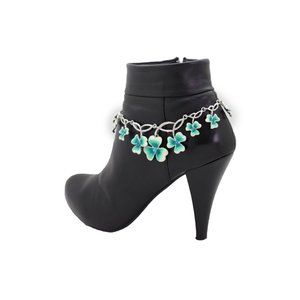 Women Silver Metal Chain Boot Bracelet Shoe Bright Baby Blue Clover Flower Charm